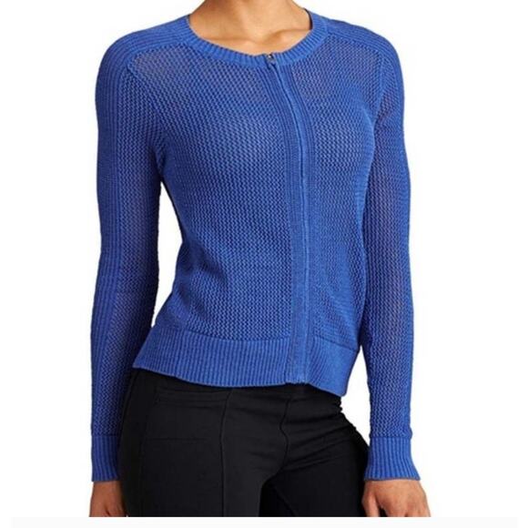 Athleta sz small mesh net see through layering full zip sweater blue EUC active - Picture 1 of 8